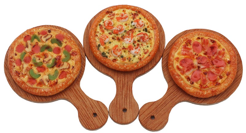 ThaiHonest Mixed 3 Assorted Pizza Dollhouse Miniature on Wooden Tray, Dollhouse Food Dollhouse Kitchen Miniature - Image 1